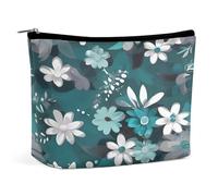 MNVTSKOP Kosmetiktasche mit Blumenmuster, große Kapazität, Reise-Make-up-Tasche, trendig, tragbar, Blaugrün und Weiß