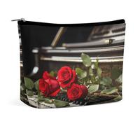 MNVTSKOP Kosmetiktasche mit roter Rose auf Klavier, große Kapazität, Reise-Make-up-Tasche, trendig, tragbar, Kulturbeutel für Damen