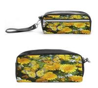 MNVTSKOP Make-up-Tasche, Motiv: gelbe Schmetterlinge und Gänseblümchen, kleine Kosmetiktasche, Reiseetui, tragbarer Schreibwaren-Organizer für Frauen, Lehrer