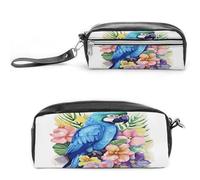 MNVTSKOP Make-up-Tasche, Motiv: Papagei in Blumen, klein, Kosmetiktasche, tragbar, Schreibwaren-Organizer für Frauen, Lehrer, Blau