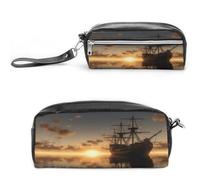 MNVTSKOP Make-up-Tasche, Motiv: Schiff im See, Sonnenuntergang, kleine Kosmetiktasche, Reisekoffer, tragbarer Schreibwaren-Organizer für Frauen, Lehrer