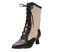 Mo Joc Damen Stiefel aus Lackleder | 5,5CM Mittlerer Absatz & 22CM Schafthöhe | Vordere Schnürung | Spitze Kappe | Rutschfeste Gummisohle (Schwarz, 45 EU)