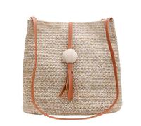 MOBUTOFU Strandtasche Damen Stroh Wasserfeste Bucket Bag aus PU und Gras Mittelgroße Umhängetasche Sommerhandtasche für Arbeit Schule Shopping und Reisen Tragbar und Vielseitig