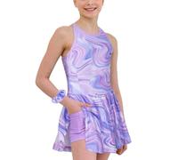 MODAFANS Tennis- und Golfkleid für Mädchen, ärmellos, athletisch, plissiert, mit integrierten Shorts und Taschen, Violetter Marmor, 10-11 Jahre