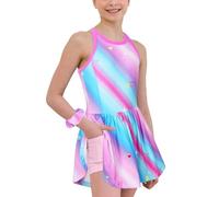 MODAFANS Tennis- und Golfkleid für Mädchen, ärmellos, athletisch, plissiert, mit integrierten Shorts und Taschen, Multi Rainbow, 8-9 Jahre