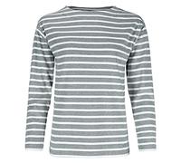 modAS Damen Shirt Bretonisches Damenshirt mit U-Boot Ausschnitt - Ringelshirt Streifenshirt Langarmshirt mit Streifen aus Baumwolle in Graumelange/Weiß in Größe 46