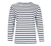 modAS Damen Shirt Bretonisches Damenshirt mit U-Boot Ausschnitt - Ringelshirt Streifenshirt Langarmshirt mit Streifen aus Baumwolle in Weiß/Blau in Größe 46