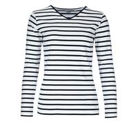 modAS Damen Shirt mit Streifen und V-Ausschnitt - Bretonisches Streifenshirt Langarm aus Baumwolle in Weiß-Blau Größe 48