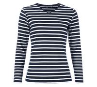 modAS Damen Shirt mit Streifen und V-Ausschnitt - Bretonisches Streifenshirt Langarm aus Baumwolle in Blau-Weiß Größe 42