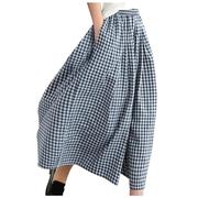 Modaworld Damen-Capri-Palazzo-Hose aus Baumwoll-Leinen, elastische Taille, kariert, Vichy-Muster, weites Bein, Caprihose