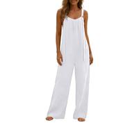 Modaworld Damen Latzhose, Oversize Jumpsuit für Damen Baumwolle Und Leinen Jumpsuit mit Große Taschen Einfarbig Sommerhose Verstellbarer Riemen Stoffhose Mode Strandhose