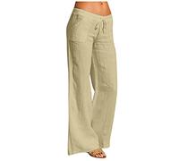 Modaworld Damen Leinenhose Weite Beine Lang Hose Sommer Loose Freizeithose Strandhose Leinen Pants Frauen Einfarbig Leicht Lang Hosen Stoffhose Baumwollhose Sommerhose mit Taschen