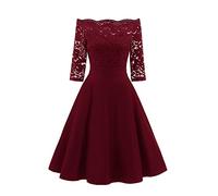 Modaworld Damen Rockabilly Kleid Knielang elegant Sommerkleid Vintage Spitze cocktailkleid Off Shoulder Abendkleid Kleider Brautjungfernkleid