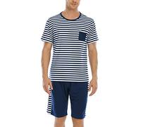 Modaworld Herren Schlafanzug Kurz Gestreift Pyjama Sommer Baumwolle Nachtwäsche Kurzarm Rundhals Hausanzug Sleepwear für Männer Schlafanzug Herren Zweiteiliger Herren Nachtwäsche Set Pyjamahose