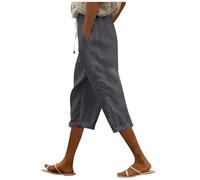 Modaworld Leinenhose Damen Einfarbiges High Waist 3/4 Hosen Mit Taschen Elastische Taille Tunnelzug Business Hose Straight Leg Chino Hose Stoffhose Freizeithose Sommerhose Damen Leicht