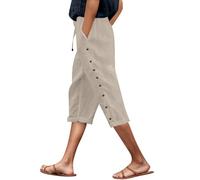 Modaworld Leinenhose Damen Einfarbiges High Waist 3/4 Hosen Mit Taschen Elastische Taille Tunnelzug Business Hose Straight Leg Chino Hose Stoffhose Freizeithose Sommerhose Damen Leicht