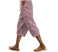 Modaworld Leinenhose Damen Einfarbiges High Waist 3/4 Hosen Mit Taschen Elastische Taille Tunnelzug Business Hose Straight Leg Chino Hose Stoffhose Freizeithose Sommerhose Damen Leicht