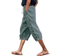 Modaworld Leinenhose Damen Einfarbiges High Waist 3/4 Hosen Mit Taschen Elastische Taille Tunnelzug Business Hose Straight Leg Chino Hose Stoffhose Freizeithose Sommerhose Damen Leicht