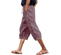 Modaworld Leinenhose Damen Einfarbiges High Waist 3/4 Hosen Mit Taschen Elastische Taille Tunnelzug Business Hose Straight Leg Chino Hose Stoffhose Freizeithose Sommerhose Damen Leicht