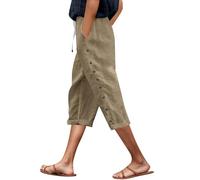 Modaworld Leinenhose Damen Einfarbiges High Waist 3/4 Hosen Mit Taschen Elastische Taille Tunnelzug Business Hose Straight Leg Chino Hose Stoffhose Freizeithose Sommerhose Damen Leicht