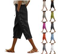 Modaworld Leinenhose Damen Kordelzug Elastische Taille 3/4 Caprihose Damen Sommer Leichte Dreiviertel Hose Mit Taschen Lässige Palazzo Hose Hohle Stoffhose für Frauen