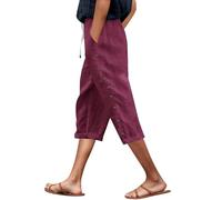 Modaworld Leinenhose Damen Kordelzug Elastische Taille 3/4 Caprihose Damen Sommer Leichte Dreiviertel Hose Mit Taschen Lässige Palazzo Hose Hohle Stoffhose für Frauen