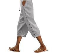 Modaworld Leinenhose Damen Kordelzug Elastische Taille 3/4 Caprihose Damen Sommer Leichte Dreiviertel Hose Mit Taschen Lässige Palazzo Hose Hohle Stoffhose für Frauen