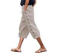 Modaworld Leinenhose Damen Kordelzug Elastische Taille 3/4 Caprihose Damen Sommer Leichte Dreiviertel Hose Mit Taschen Lässige Palazzo Hose Hohle Stoffhose für Frauen