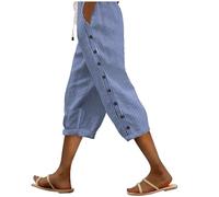 Modaworld Leinenhose Damen Kordelzug Elastische Taille 3/4 Caprihose Damen Sommer Leichte Dreiviertel Hose Mit Taschen Lässige Palazzo Hose Hohle Stoffhose für Frauen