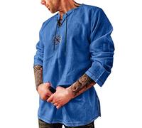 Modaworld Mittelalterhemd Herren Langarm Leinenhemd mit Schnürung Cosplay Oktoberfest Vintage Kostüm Hemden Gothic Wikinger Freizeithemd Urlaub Angeln Camping Leichte Bequem