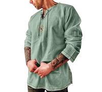 Modaworld Mittelalterhemd Herren Langarm Leinenhemd mit Schnürung Cosplay Oktoberfest Vintage Kostüm Hemden Gothic Wikinger Freizeithemd Urlaub Angeln Camping Leichte Bequem