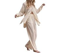 Modaworld Plissee Loungewear Set Damen 2 Teilig Button Down Bluse Langarm Hohe Taille Weites Bein Hosen Sets Hose mit Top Sommer Elegant