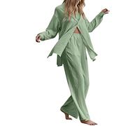 Modaworld Plissee Loungewear Set Damen 2 Teilig Button Down Bluse Langarm Hohe Taille Weites Bein Hosen Sets Hose mit Top Sommer Elegant