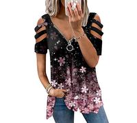 Modaworld Trendige Oberteile Damen Reißverschluss V-Ausschnitt Bluse Heißbohren aushöhlen T-Shirt Schulterfreie Kurzarm Sommer Tops Spitzenärmeln Shirt Kalte Schulter Tshirt Fließende Hemdbluse S-2XL