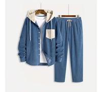 Mode Cord Stoff minimalistischer Mode Herren 2-teiliges Set, Farbblock Knopfleiste Kapuzenjacke & Hose mit Kordelzug Schrägtaschen Design, Lässig, Sch