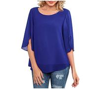 Mode Frauen lässige lose Toben mit 3/4 Ärmeln Chiffon Bluse mit runden Ausschnitt Gelbes Oberteil