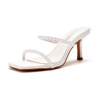 Mode Frauen Weiß Perle Sandalen Mitte Ferse Quadrat Kopf Hausschuhe 7CM Heels Sexy Damen Kleid Hochzeit Braut High Heels,Weiß,39 EU