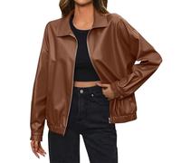 Mode für Damen Lederjacke Damen Bikerjacke Reverskragen Motoradjacke | Jacke mit Reißverschluss und Tasche Übergangsjacke für Frühling Herbst XL A Brown