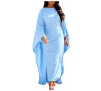 Mode Satin Party Kleid Robe Abaya Muslimische Frauen Elegante Solide Rundhals Fledermaus Ärmel Lose Maxi Kleid Frauen Party Outfit Damen (Blue, S)