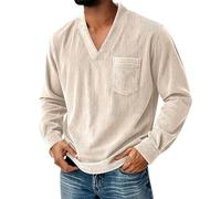 Mode Shirt Herren Casual V-Ausschnitt Einfarbig Langärmeliges T-Shirt Jugend Klassisch Trend Outdoor Hemd D-Khaki M