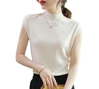 Mode Strick Kurzarm T-Shirt Frauen Half Turtleneck Stretch Strick-T-Shirt Solid Casual Frühling Tank Tops, weiß, 42