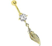Modern Nature Piercing-Schmuck Bauchnabelpiercing Banane 316l Stahl in 1,6 x 8 mm mit 6 mm Stein und Feder Anhänger gold beschichtet