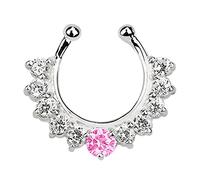 Modern Nature Piercing-Schmuck Nasenpiercing Fake Ring Septum Silber mit 11 Steinen in klar-rosa, 1,0 x 10 mm