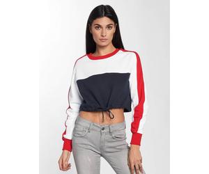 modernes URBAN CLASSICS Damen Sweatshirt Kordelzug Rippbündchen 300 g/m² mit Baumwolle Blau/Weiß/Rot L