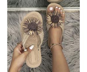Modische Blumen gemusterte kaffeebraune Sommerschuhe für Damen, gewebte Stroh-Textur Flache Sandalen, Lässig Beach Slides, Espadrille-Stil Flats, Dame