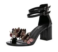 Modische Damen-Sandalen, Schmetterlingsdekoration, Absatz, lässig, Peep Toe, Sandalen, bequem, lässig, Outdoor-Schuhe, Abendparty, Sandalen, Schwarz , 37 EU