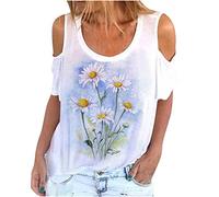 Modische, Elegante T-Shirts für Frauen, Kurzarm-Bluse, Sonnenblumendruck, Rundhalsausschnitt, Mädchen-T-Shirt, schulterfrei, locker sitzende Oberteile