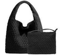 Modische gewebte Geldbörse für Damen, Tragegriff oben, Neopren, Hobo-Tragetasche, Retro-Handgelenktasche, Reisehandtasche, Arbeit, Einkaufen, Alltag, Schwarz