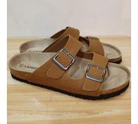 Modische Lässig Leder-Pantoletten in hellbraun für Frühling bis Sommer, mit verstellbarer Doppel-Metall-Dekoration, rutschfester weicher Kork-Sohle, z