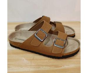 Modische Lässig Leder-Pantoletten in hellbraun für Frühling bis Sommer, mit verstellbarer Doppel-Metall-Dekoration, rutschfester weicher Kork-Sohle, z